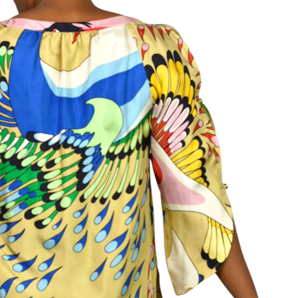 TIBI Silk Print Tunic Yellow Colorful Peacock Jeweled Studs Blue Cutouts Birds 6 - Picture 5 of 16